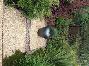 A garden path with gravel and mulch borders, a dark gray planter with a plant in the middle, and various shrubs and greenery.