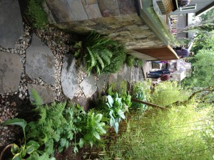 A winding stone path through a garden with ferns, plants, and stone walls.