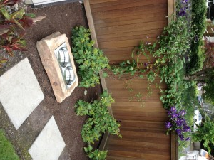 A wooden fence surrounds a yard with dog bowls on a natural stone base.